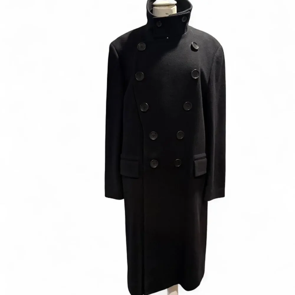 Gucci FW2009 Black Wool Double Breasted Funnel Neck Coat w/ Logo Buttons